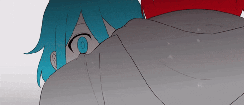 a cartoon character with blue hair is covering his face with a blanket