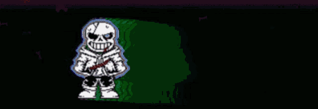 a cartoon of a skeleton with a knife in his hand .