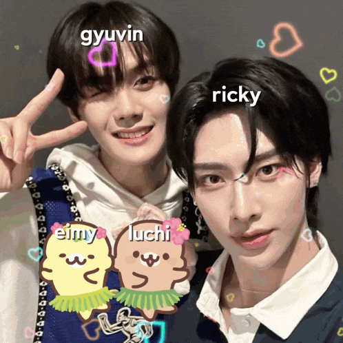 two young men posing for a picture with the names gyuvin ricky and eimy