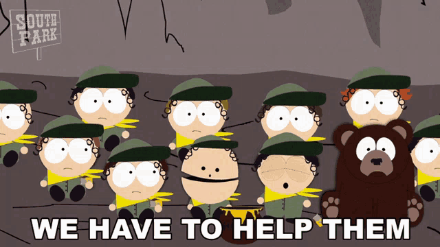 a group of south park characters are standing next to a brown bear