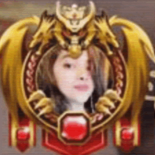 a blurry picture of a woman 's face in a gold frame with dragons