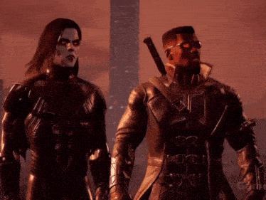 a man with red eyes and a sword stands next to another man