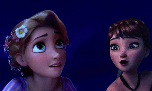a cartoon girl with a flower in her hair looks at another girl