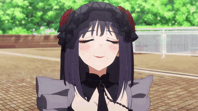 a girl with purple hair is wearing a black dress and a black hat
