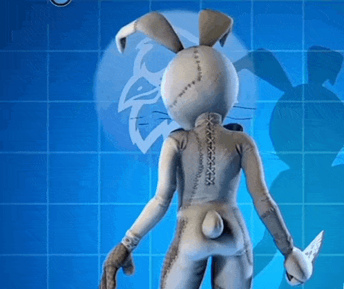a stuffed bunny with a knife in its hand is standing on a blue background .