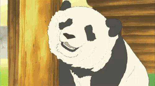 a black and white panda bear is standing next to a wooden pole .