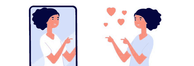 a woman is looking at herself in a mirror and pointing at herself with hearts coming out of it .