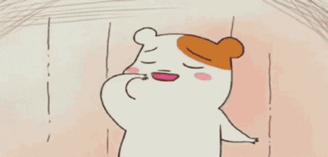 a cartoon hamster is reaching for a pink heart hanging from a string .