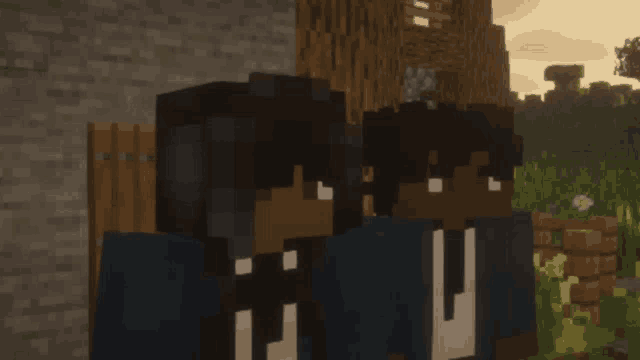 two minecraft characters standing next to each other in front of a building