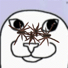a drawing of a cat 's face with spiders coming out of its eyes