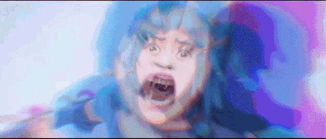 a pixel art painting of a girl with blue hair screaming .