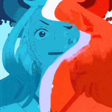 a blue and red cartoon character with a surprised look on their face .