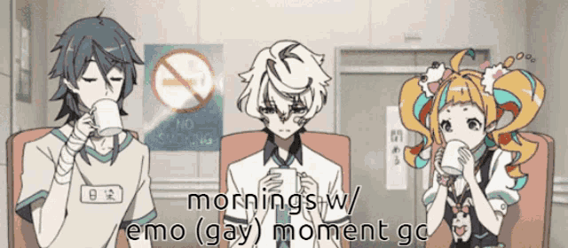 three anime characters are sitting in front of a sign that says no smoking