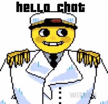 a pixel art of a yellow smiley face wearing a white coat and hat with the words hello chat below it .