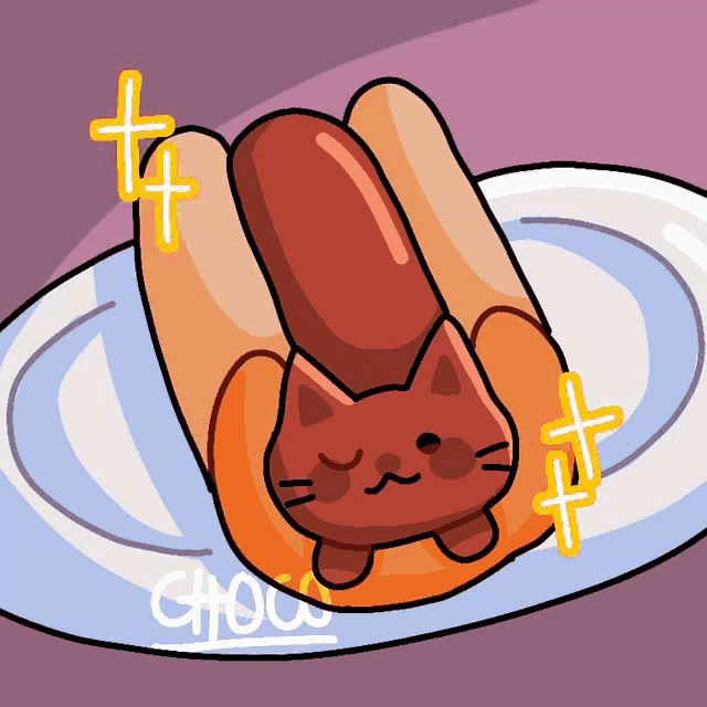 a cartoon drawing of a hot dog with a cat on it and the word chou below it