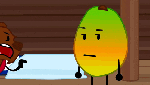 a cartoon drawing of a bear and a mango with a sad face