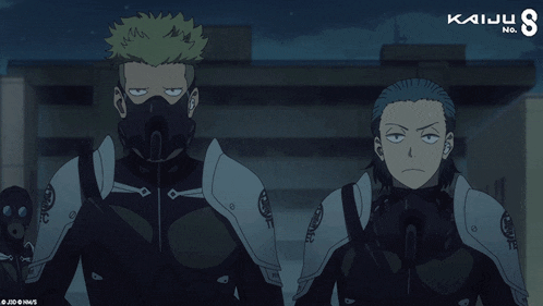 a group of anime characters standing next to each other with kaiju no. 8 on the bottom right