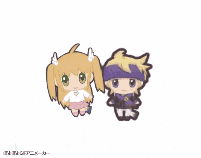 a boy and a girl are standing next to each other with chinese writing on the bottom right