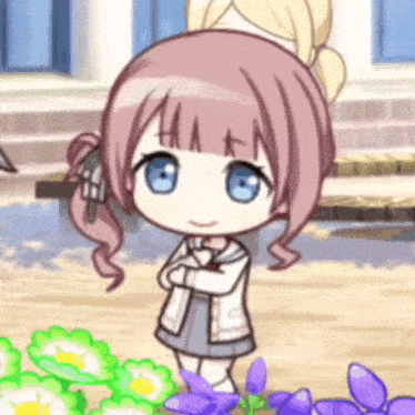 a little girl with pink hair and blue eyes is standing in front of purple flowers