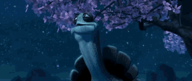 a cartoon character says " my time has come " in front of a cherry blossom tree