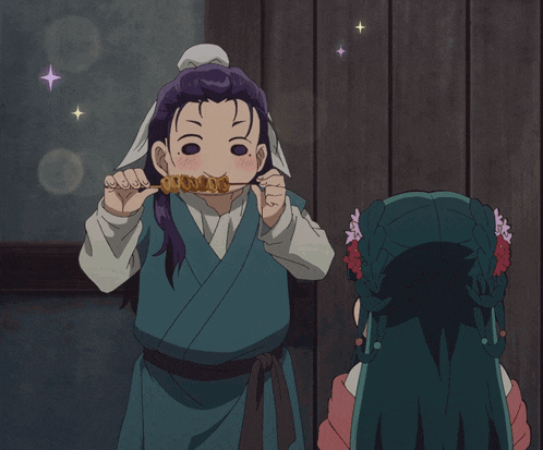 a boy with purple hair is holding a skewer in his hand