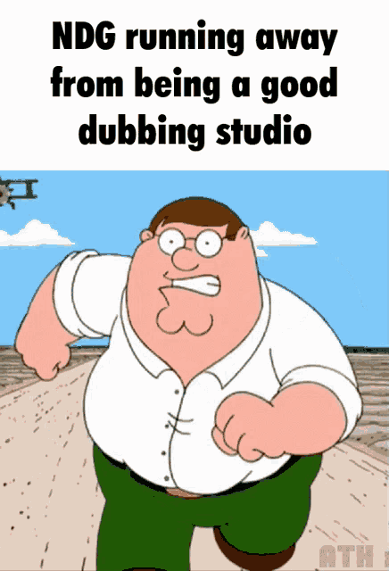 a cartoon of peter griffin running away from a good dubbing studio