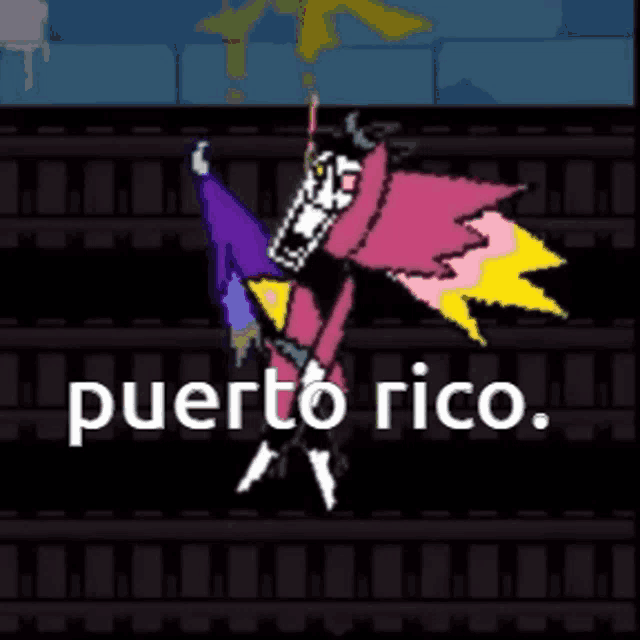 a pixel art of a skeleton holding a flag with the words puerto rico written above it .