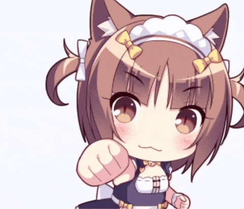 a girl with cat ears and a maid outfit is pointing her fist at the camera