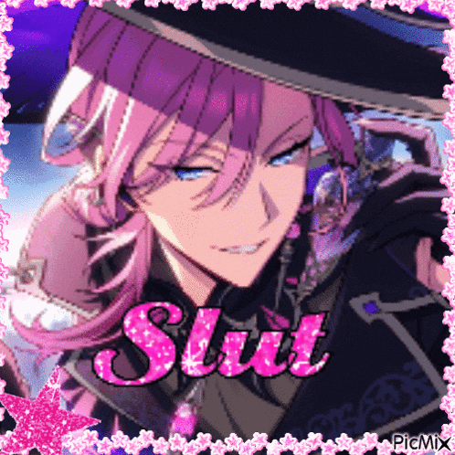 a picture of a girl with purple hair and the word slut in pink letters
