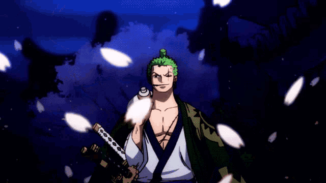 a cartoon of a man with green hair and a samurai sword