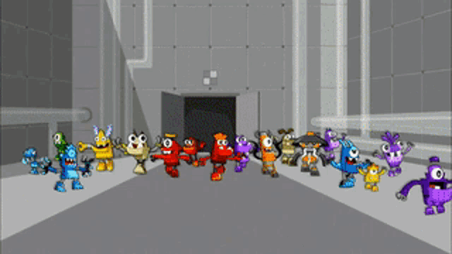 a group of cartoon characters are standing in a room together
