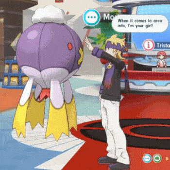 a man in a video game talking to a purple and yellow monster
