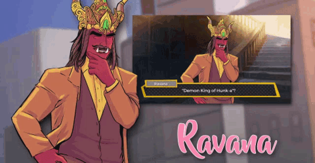 a cartoon of a man with a crown and the name ravana on the bottom