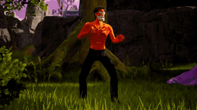 a man without a shirt is running through a field