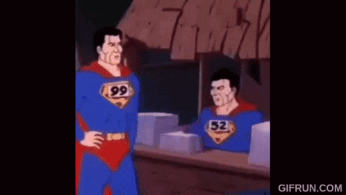 two superheroes are standing next to each other in front of a counter .