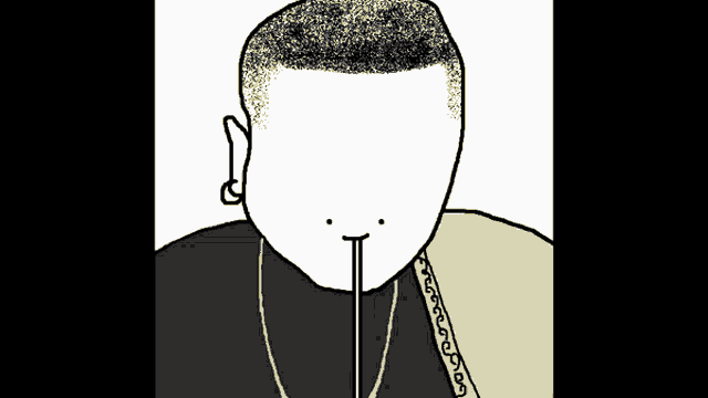 a cartoon drawing of a man with a straw in his mouth