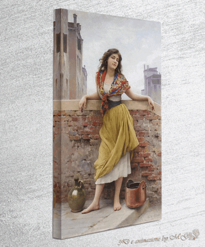 a painting of a woman leaning against a brick wall with a copper pot next to her