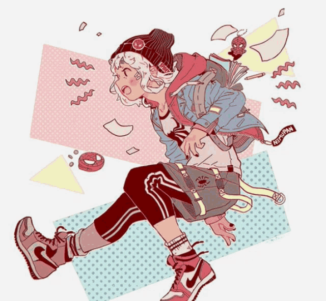 a drawing of a girl with a backpack that says technoman on it