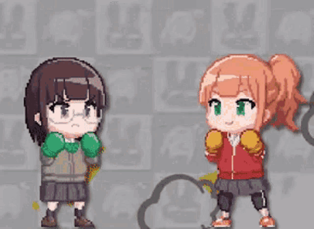 two anime girls are standing next to each other wearing boxing gloves and glasses .