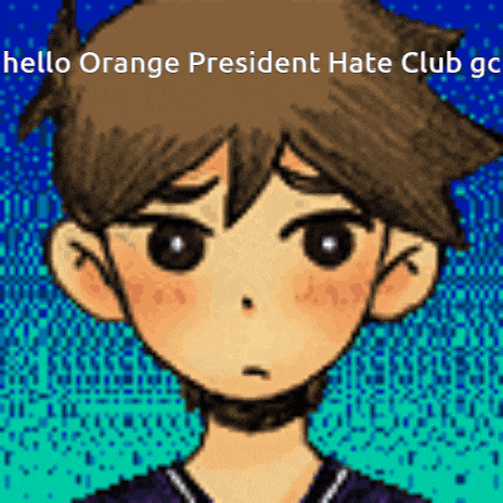 a pixel art of a boy with the words hello orange president hate club written above him