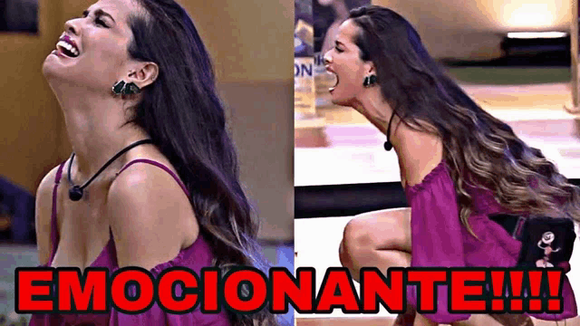 a woman in a purple dress is kneeling down and screaming with the words emocionante written above her .