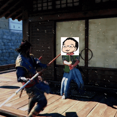 a cartoon of a man with glasses holding a sword in front of a wall with the number 14 on it