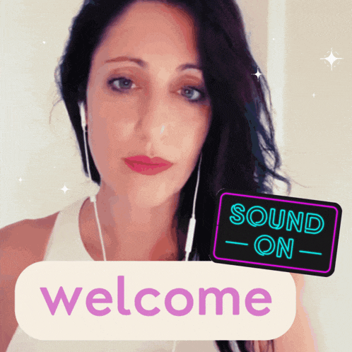 a woman is wearing headphones next to a neon sign that says sound on welcome