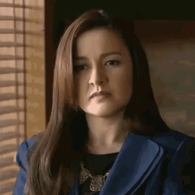 a woman with long hair is wearing a blue jacket and a black dress and looking at the camera .