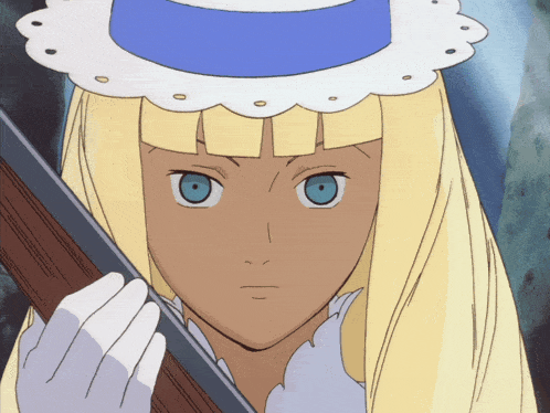 a girl with blonde hair and blue eyes is holding a rifle