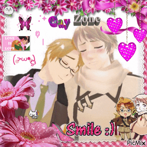 a picture of two anime characters with the words gay zone written on it