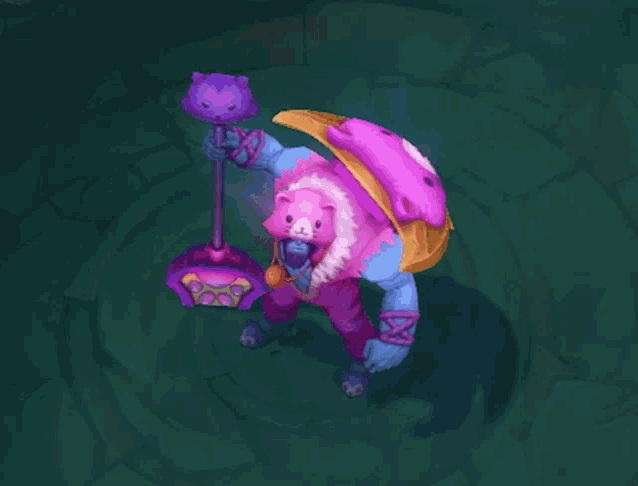 a cartoon character with a purple cat head and a hammer