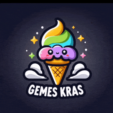 a cartoon ice cream cone with a face and the words gemes kras below it