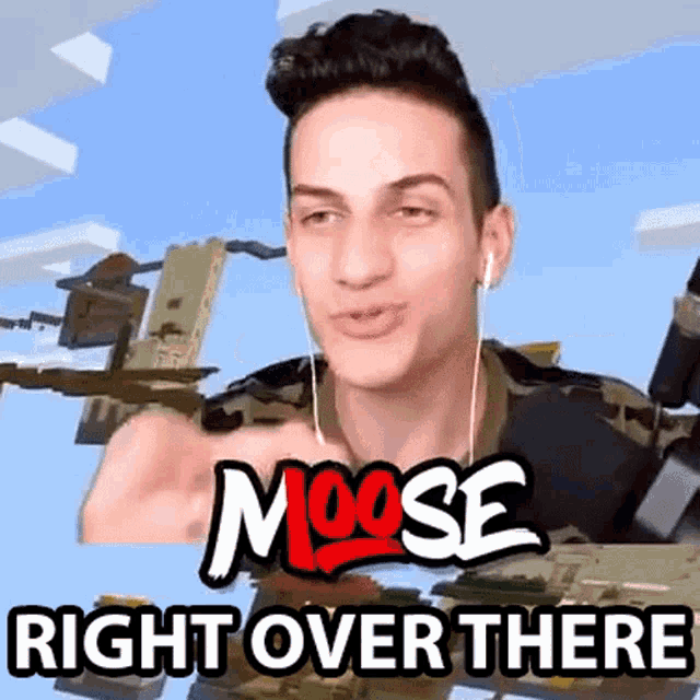 a man wearing ear buds and a moose right over there logo
