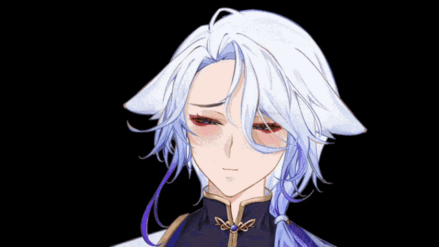 a close up of a person with white hair and a ponytail